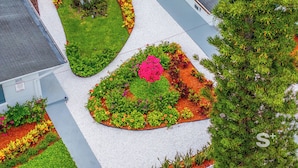 Vue aérienne d’un espace paysager agrémenté de parterres de fleurs distincts et d’un arbre central.