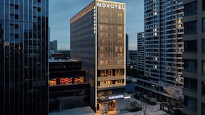 Un hôtel moderne, reconnaissable à son grand panneau  « NOVOTEL », à ses larges fenêtres et à son entrée bien éclairée.