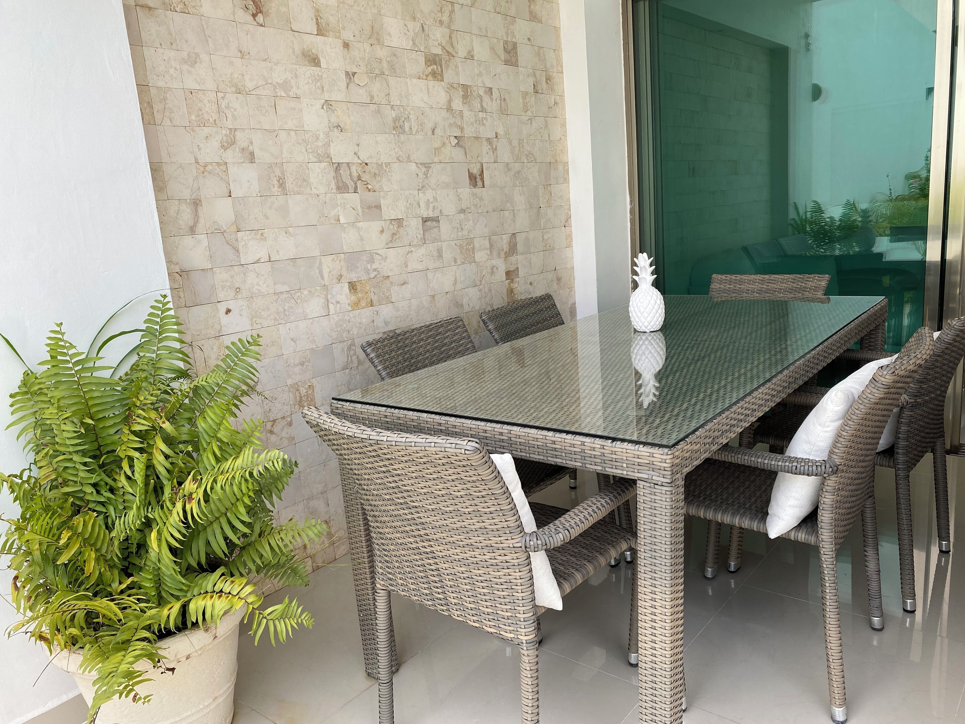 A glass-top dining table with wicker chairs, a potted plant, and a brick wall in the background.