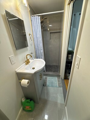 Hair dryer, towels, soap, shampoo