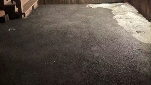 A wooden deck with a metal fence, a wooden staircase, and a concrete ground. - Private Suite w/ Bath & Free Parking (Brockton)