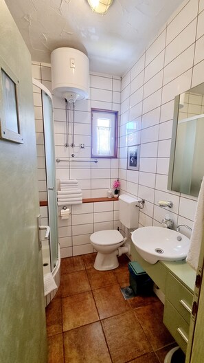 Een haardroger, handdoeken, zeep, toiletpapier
