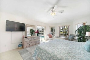 Ein Schlafzimmer mit Bett, Kommode, Fernseher, Deckenventilator und großen Fenstern.