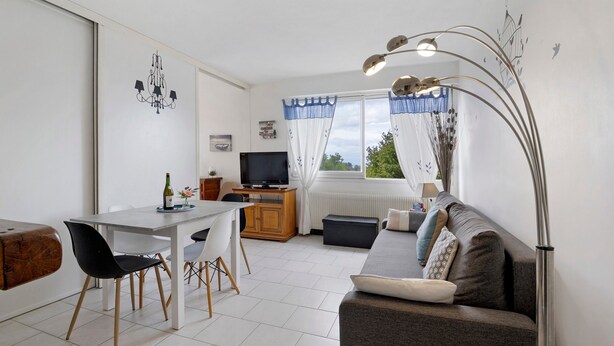 En kompakt opholdsstue med spiseplads, sofa, fjernsyn og et vindue med gardiner.