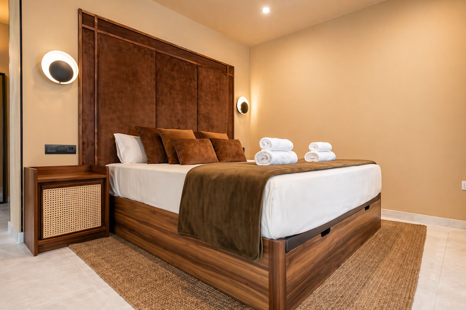 A modern bedroom with a wooden bed, two bedside tables, a headboard, and a wall-mounted light fixture.