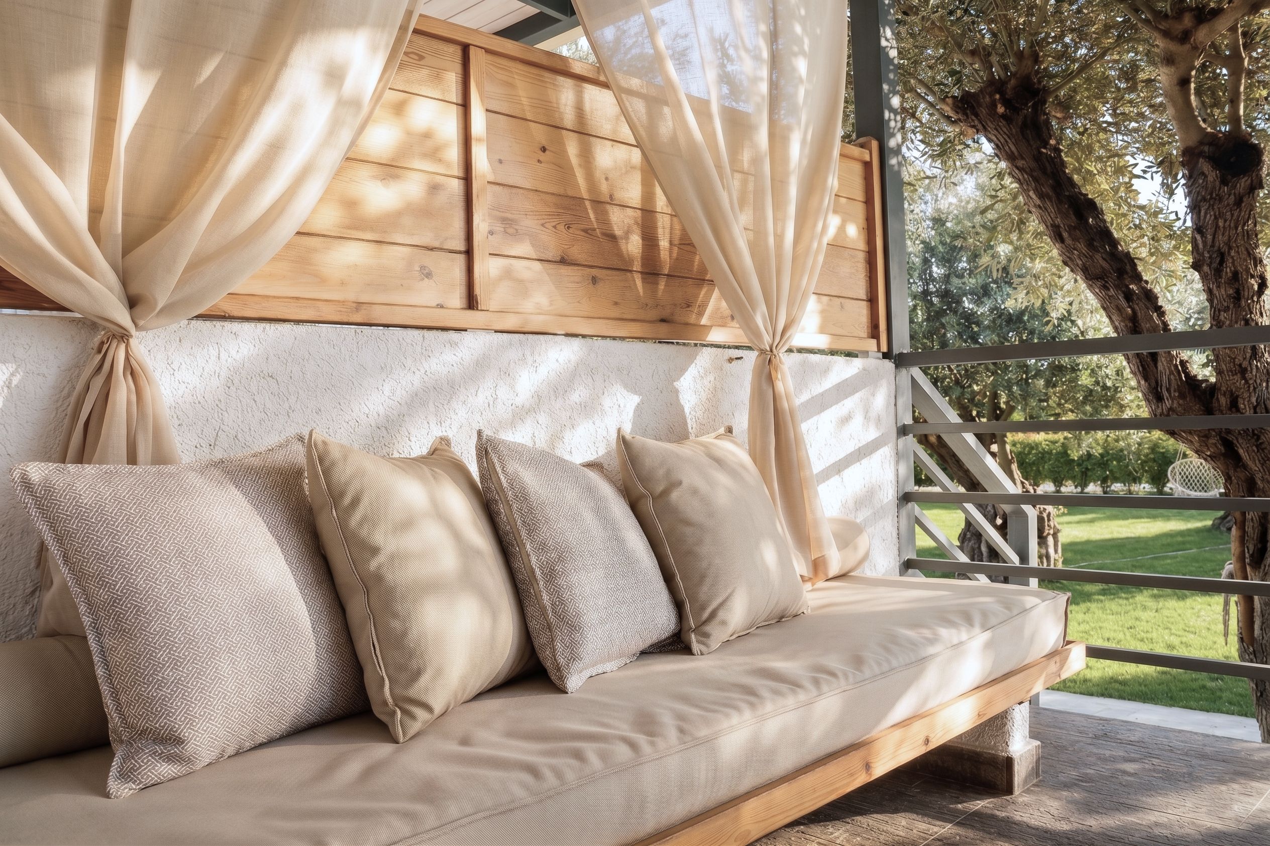 Un banc en bois avec des coussins, un mur blanc et une vue sur les arbres.