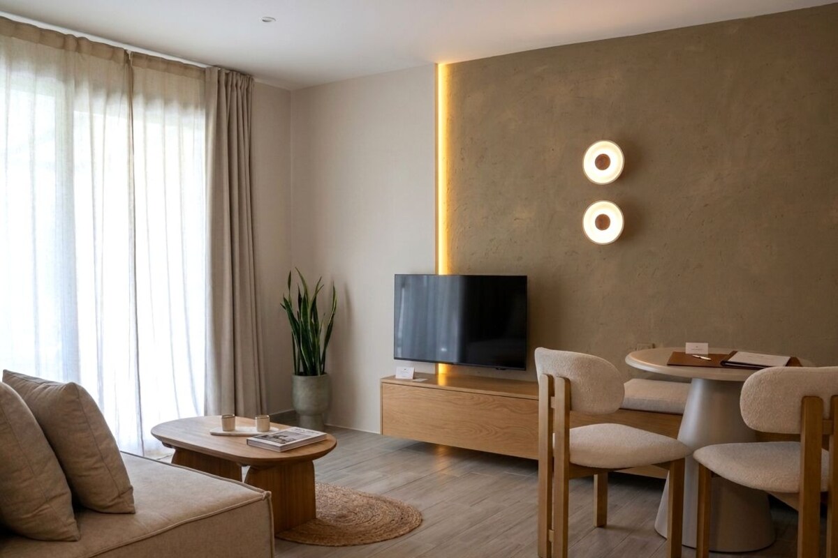 A modern living room with a sofa, a coffee table, a TV on a wooden stand, and a dining area with chairs.