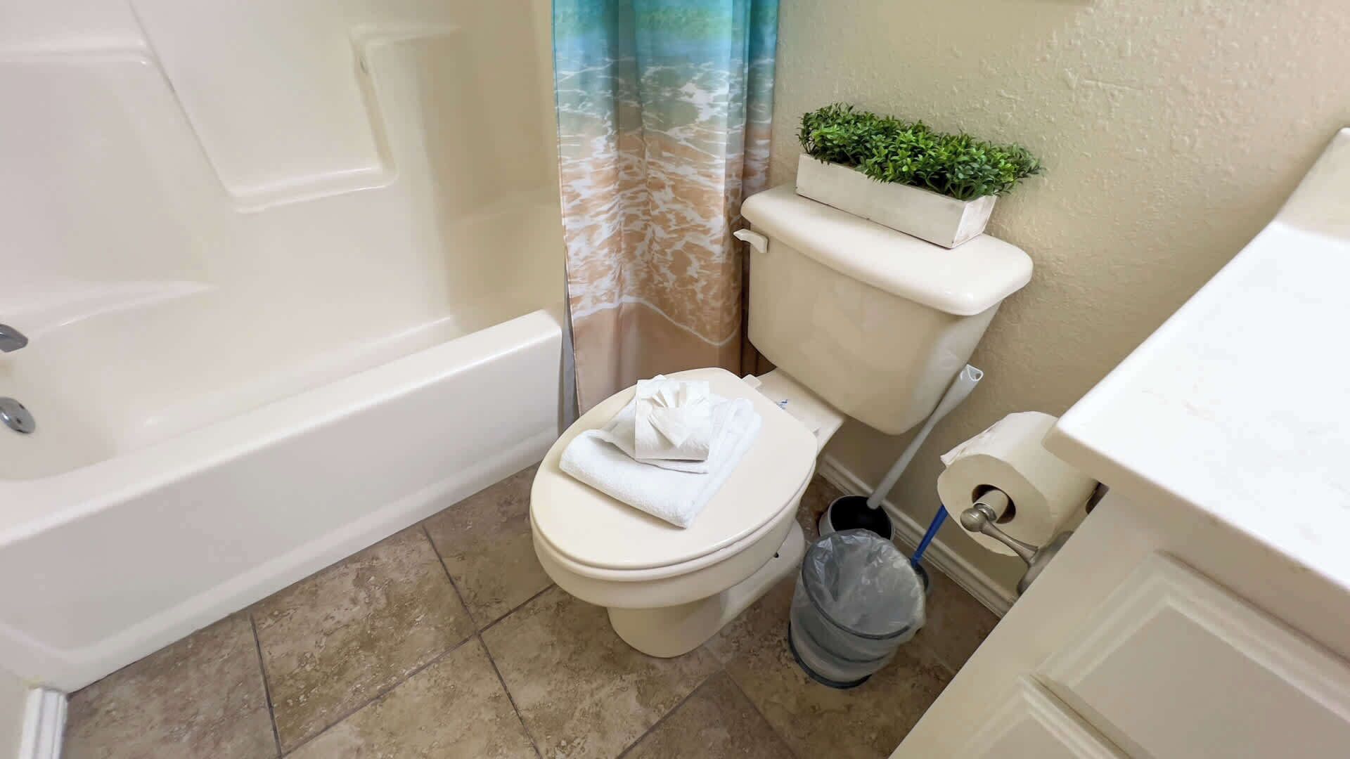 A bathroom with a toilet, a bidet, a trash bin, and a small planter with green plants.