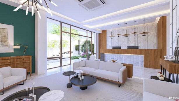 Una sala de estar moderna con un sofá blanco, una mesa de centro y un comedor con un aparador de madera y luces colgantes.