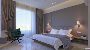 Moderni hotellihuone, jossa on suuri sänky, työpöytä ja tuoli.