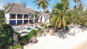 Une propriété située en bord de mer, avec une maison au toit de chaume, un espace piscine et des palmiers.
