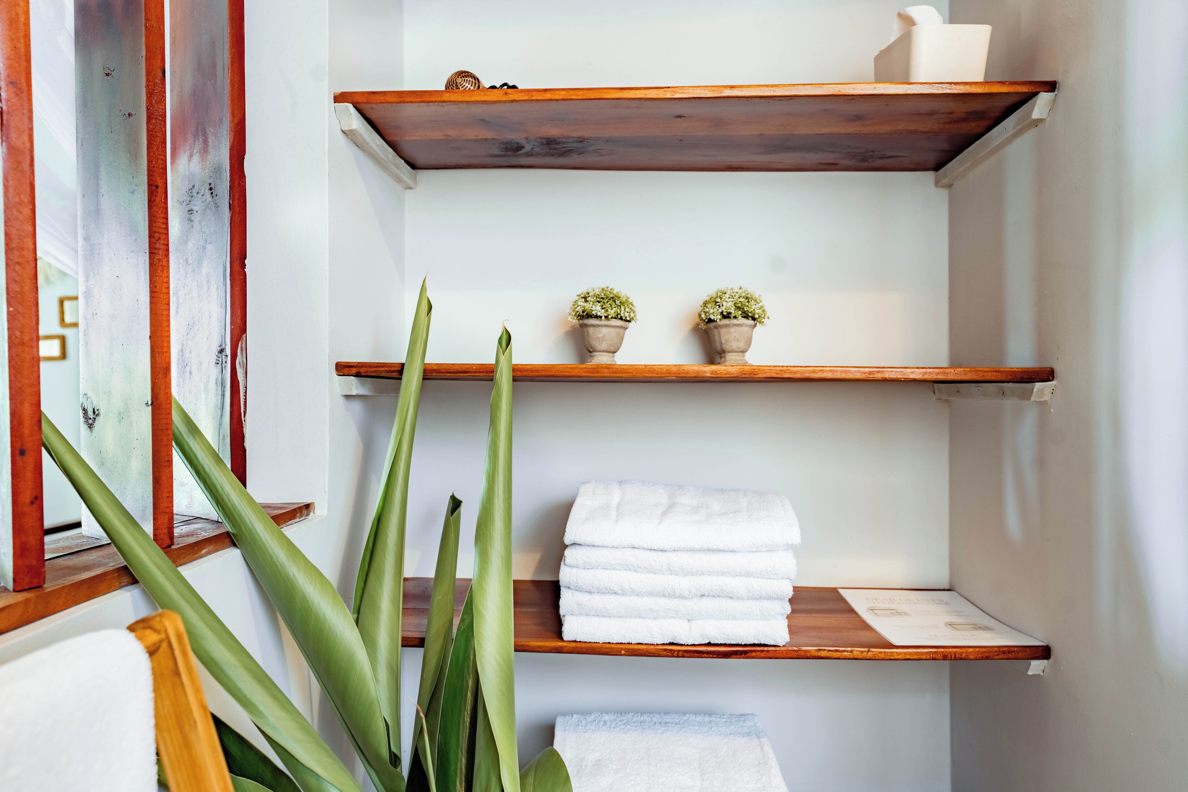 Un baño con estantes de madera, plantas en macetas y toallas ordenadas.