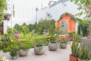 A courtyard with potted plants and a small archway. - *Beautiful Colonial House* next to Antigua Guatema (Antigua)