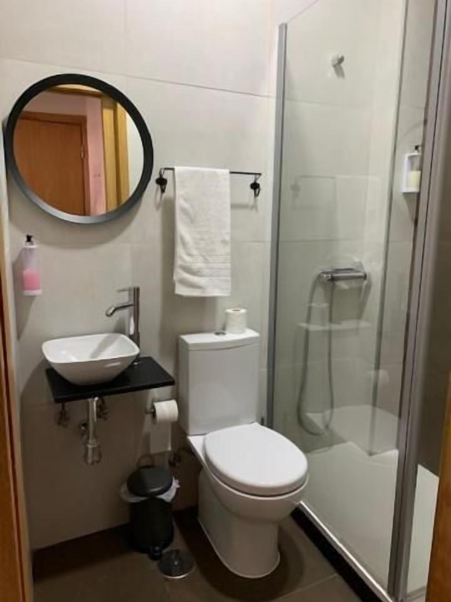 Un baño con inodoro blanco, lavabo, espejo y ducha con mampara de vidrio.