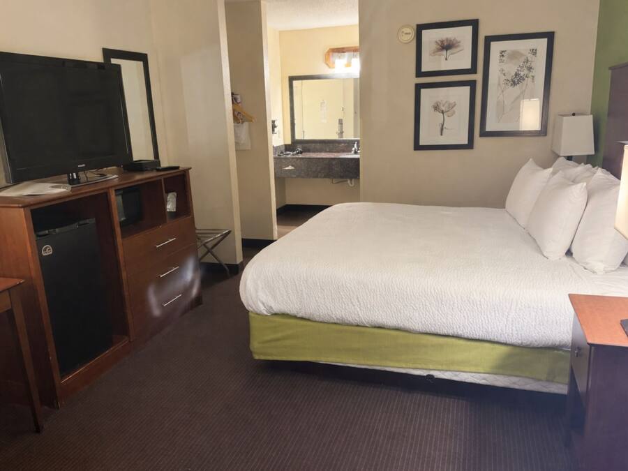 Een hotelkamer met een bed, een bureau, een televisie, een badkamer met een wastafel en spiegel, en ingelijste foto's aan de muur.
