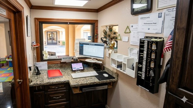 A reception desk with a computer, a keyboard, a mouse, and a telephone. There are certificates and keys on the wall. - Golden Motel Near Houston Medical Center (Houston)