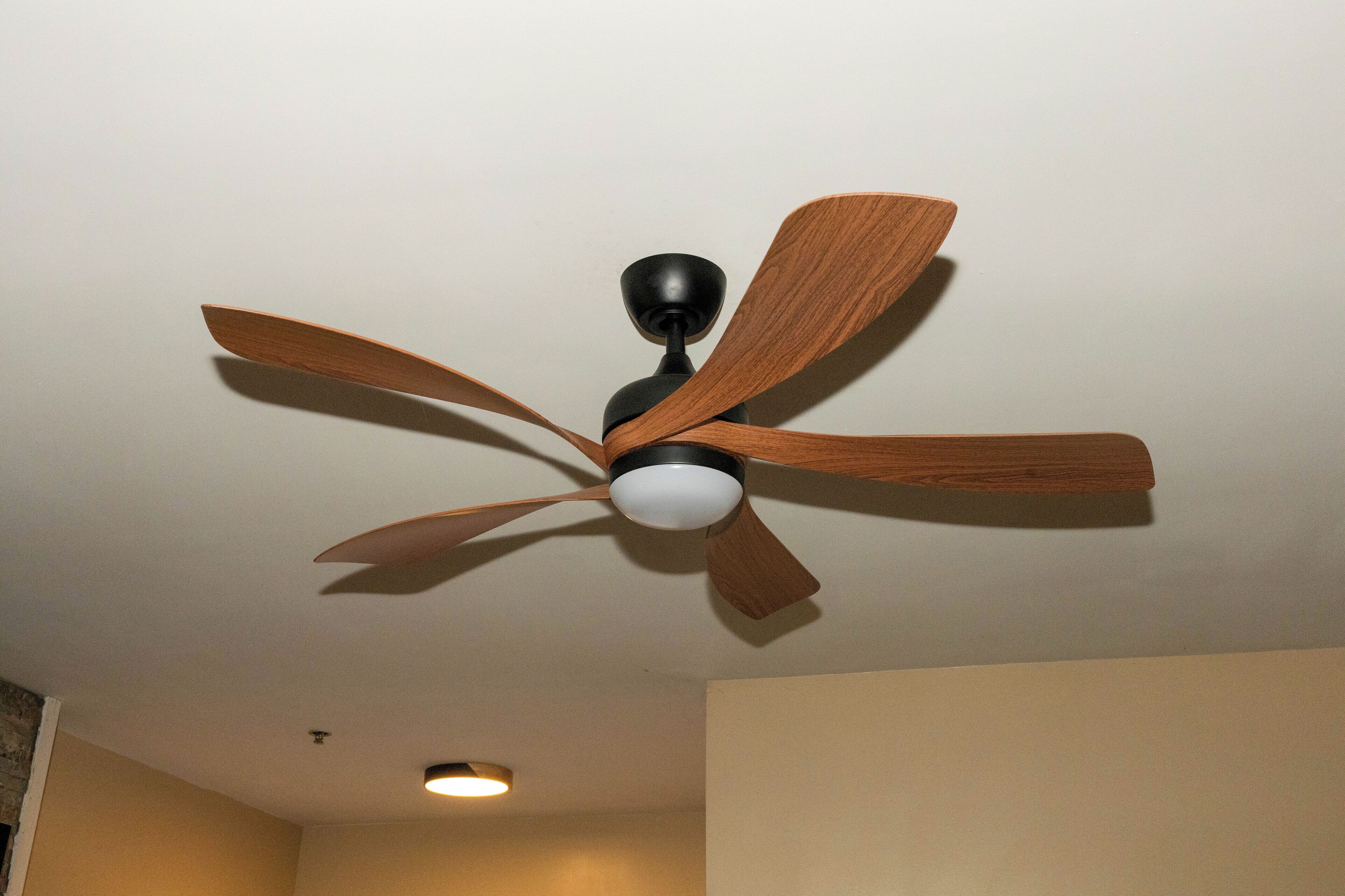 A ceiling fan with wooden blades and a black central hub.