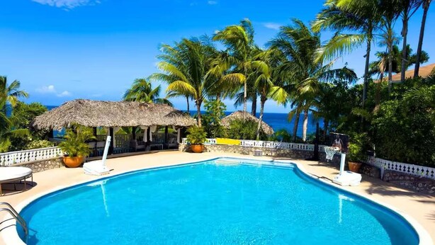 A clear blue pool surrounded by palm trees and a thatched-roof structure, with a view of the ocean. - 4BR Seafront Villa in Boscobel Direct Sea Access Coastal Living (Boscobel)
