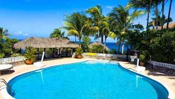 A clear blue pool surrounded by palm trees and a thatched-roof structure, with a view of the ocean.