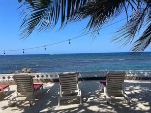 A beachside view with three sun loungers and a palm tree. - 4BR Seafront Villa in Boscobel Direct Sea Access Coastal Living (Boscobel)