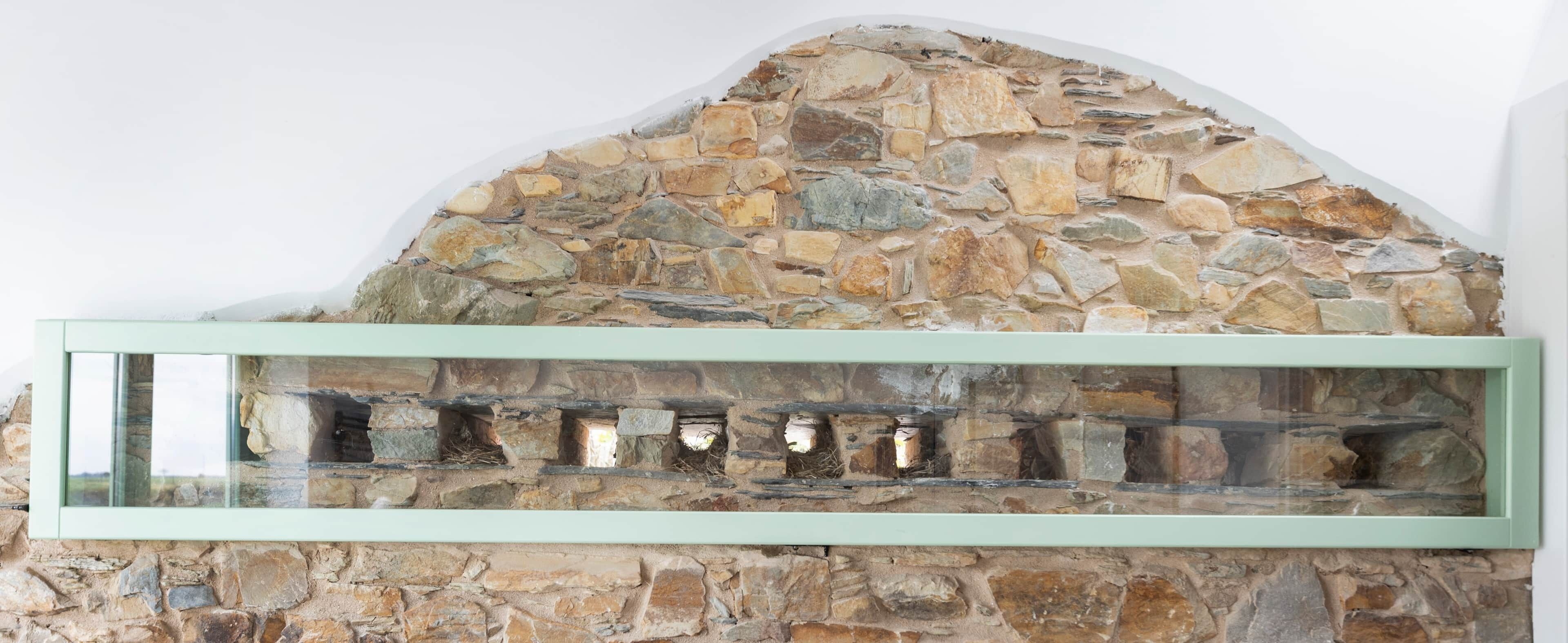 Una llar de pedra amb un recobriment de vidre on s'exhibeixen diverses pedres.