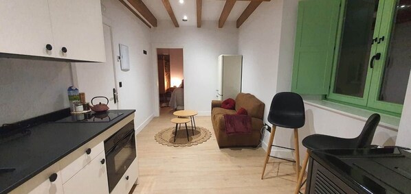 A compact living space with a kitchenette, a dining area, and a seating area with a sofa and chairs.