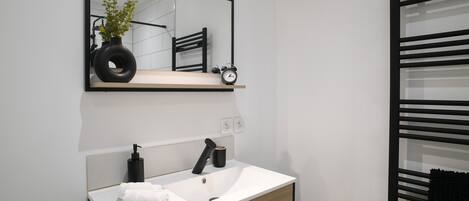 A modern bathroom with a white sink, black faucet, and a mirror above it.