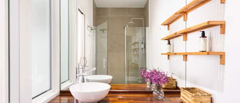 Shower, hair dryer, towels