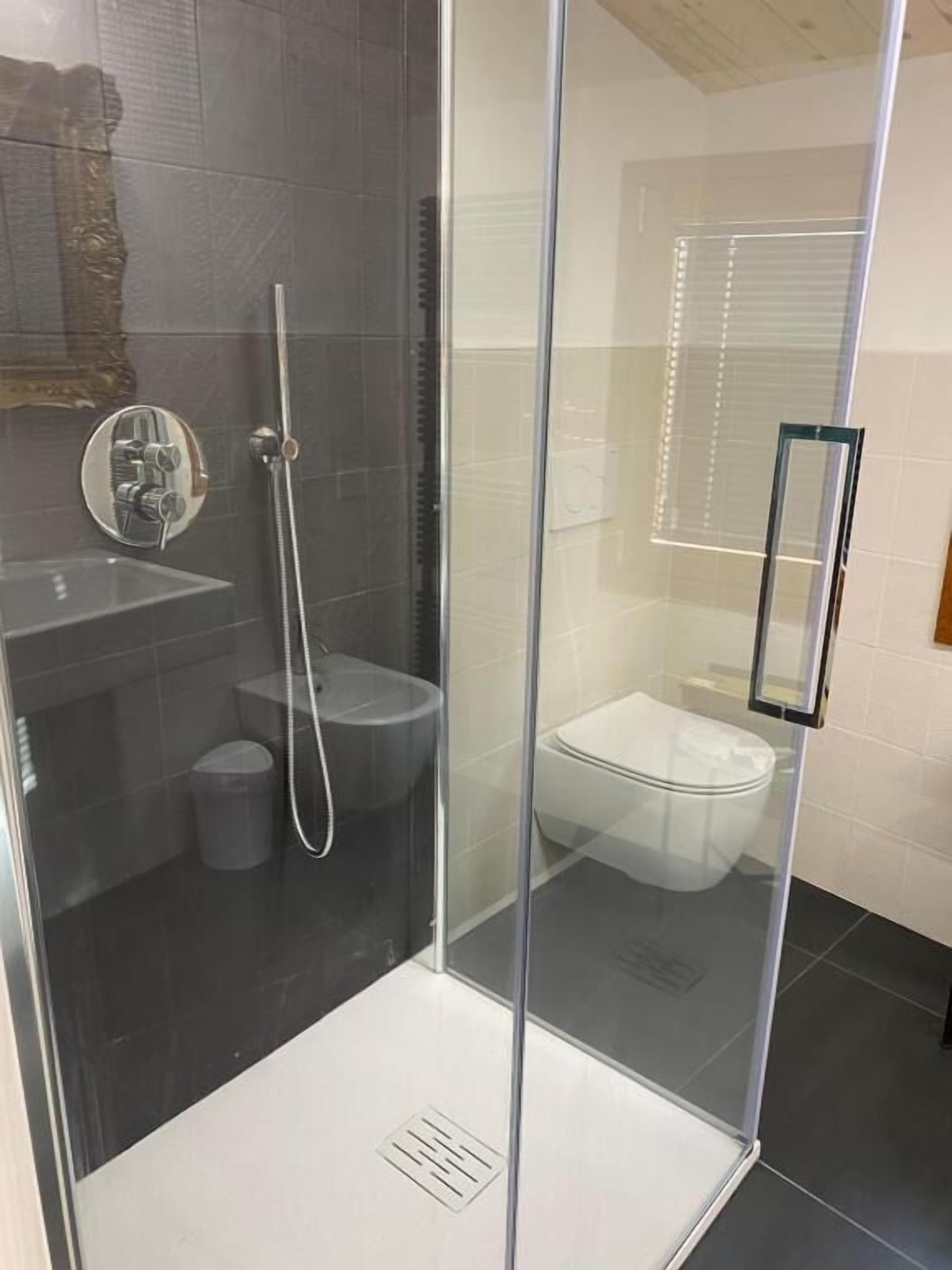 A glass-enclosed shower area with a toilet and a sink.