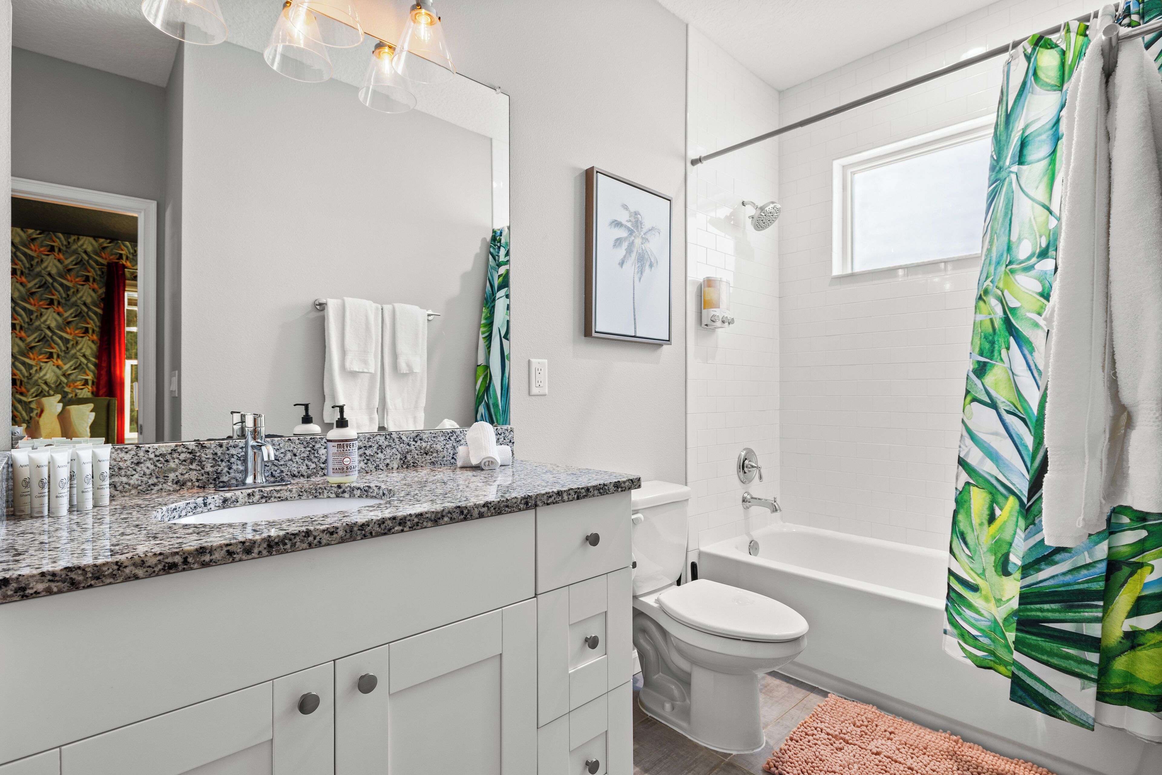 Hair dryer, towels, soap, toilet paper