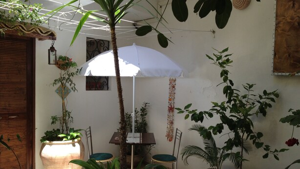 Eine Terrasse mit Topfpflanzen, einem weißen Sonnenschirm, einer Holztür und einer Wandleuchte.