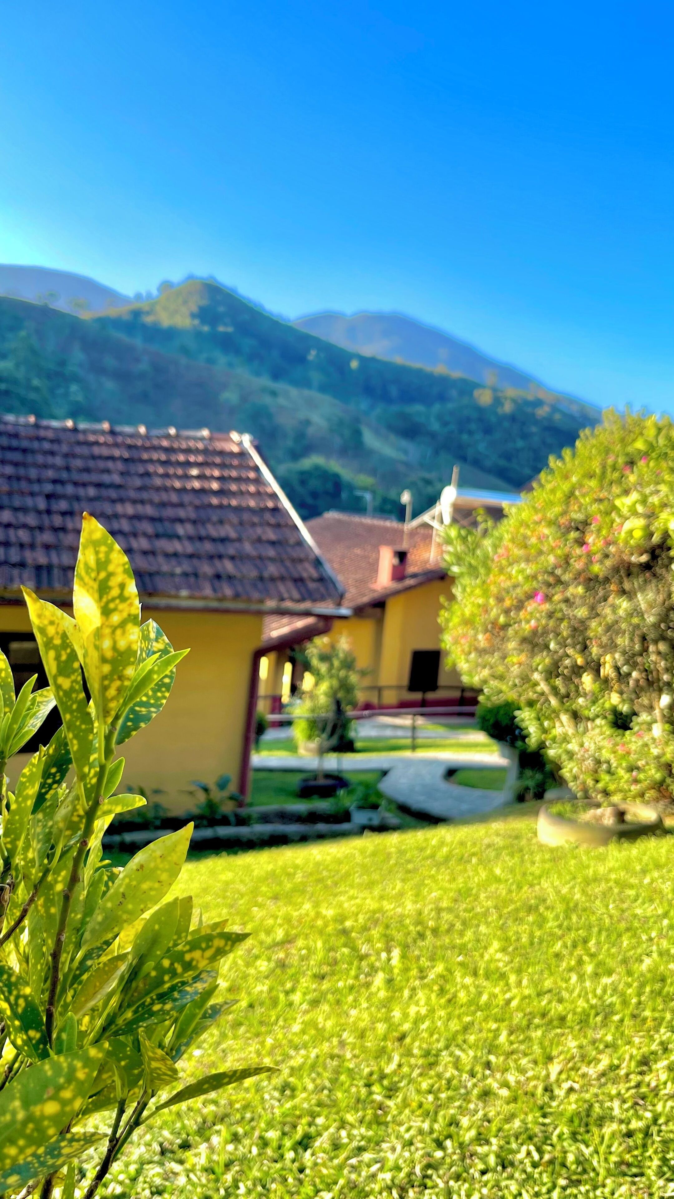 Ein Haus mit Ziegeldach, umgeben von einer gepflegten Rasenfläche und einem Berg im Hintergrund.