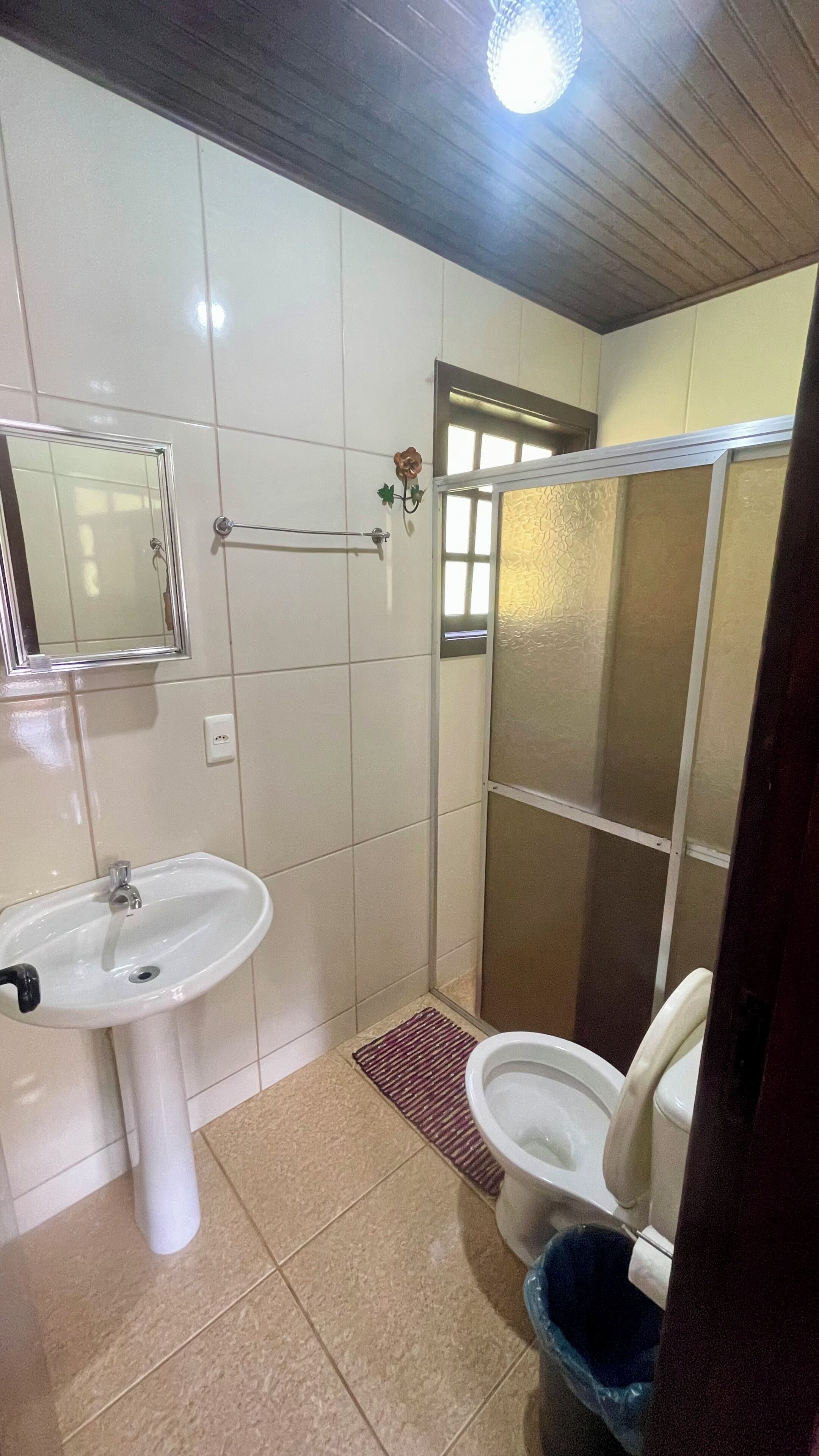 A bathroom with a sink, toilet, shower, and a mirror.