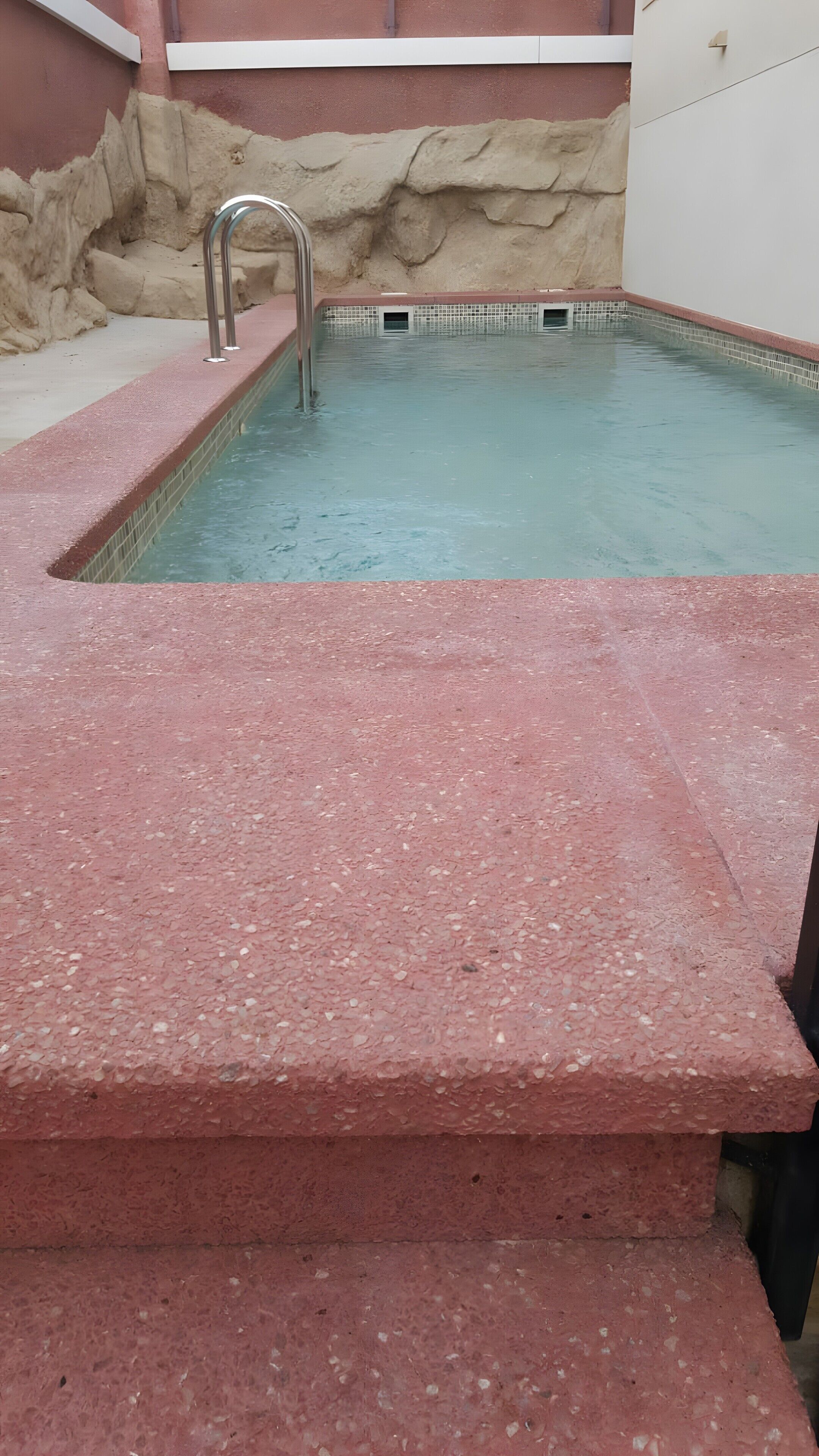 Une piscine dont le bord est recouvert de carreaux rouges et qui est équipée d’une échelle en métal.