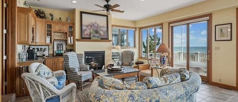 Smart TV, fireplace, books, offices