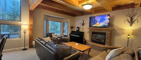 Smart TV, fireplace, video games, DVD player