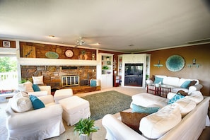 Smart TV, fireplace, books