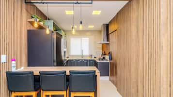 Family Apartment, Kitchen, City View | Private kitchen | Full-sized fridge, microwave, stovetop, cookware/dishes/utensils