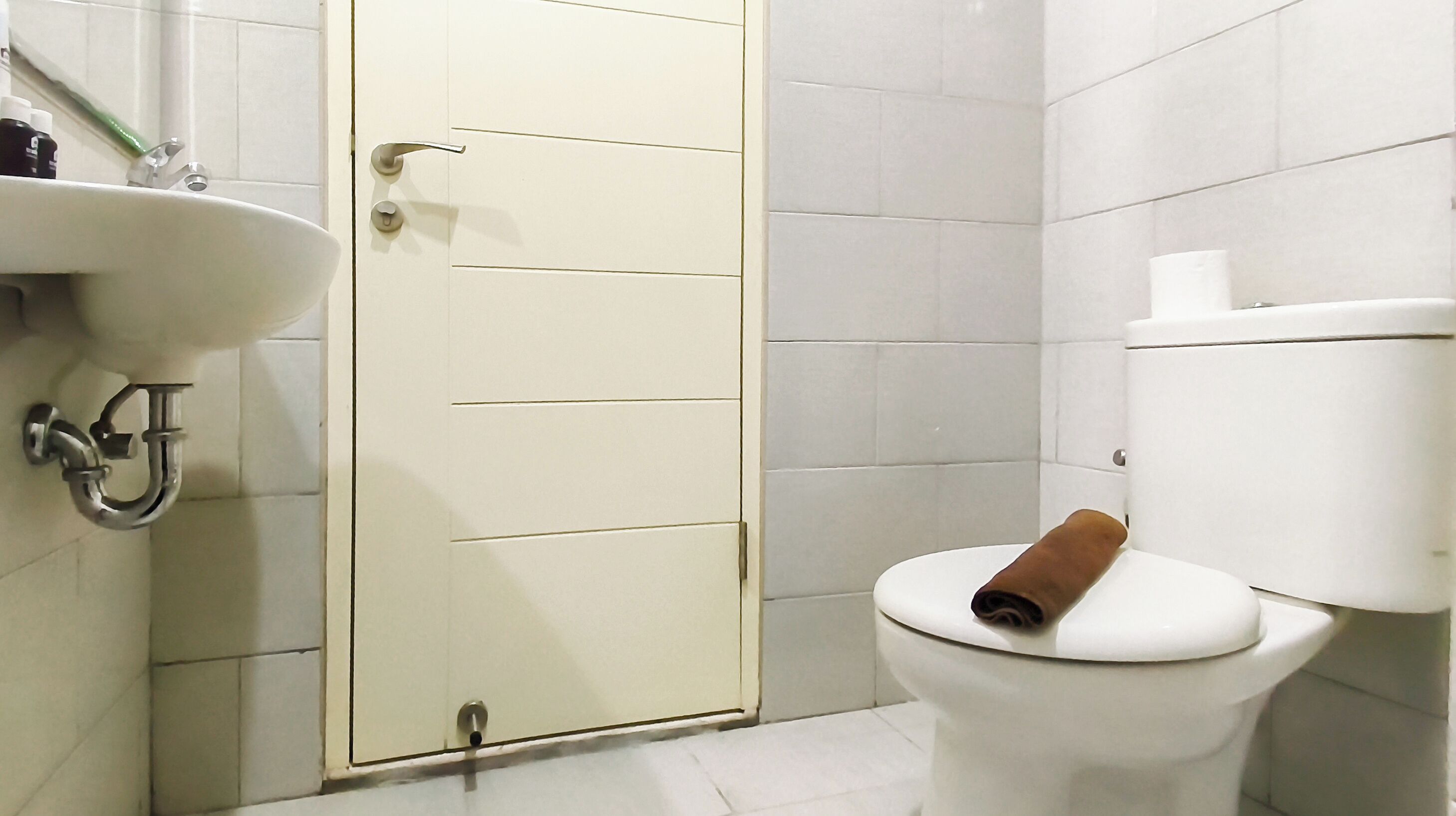 A bathroom with a toilet, sink, and a door.