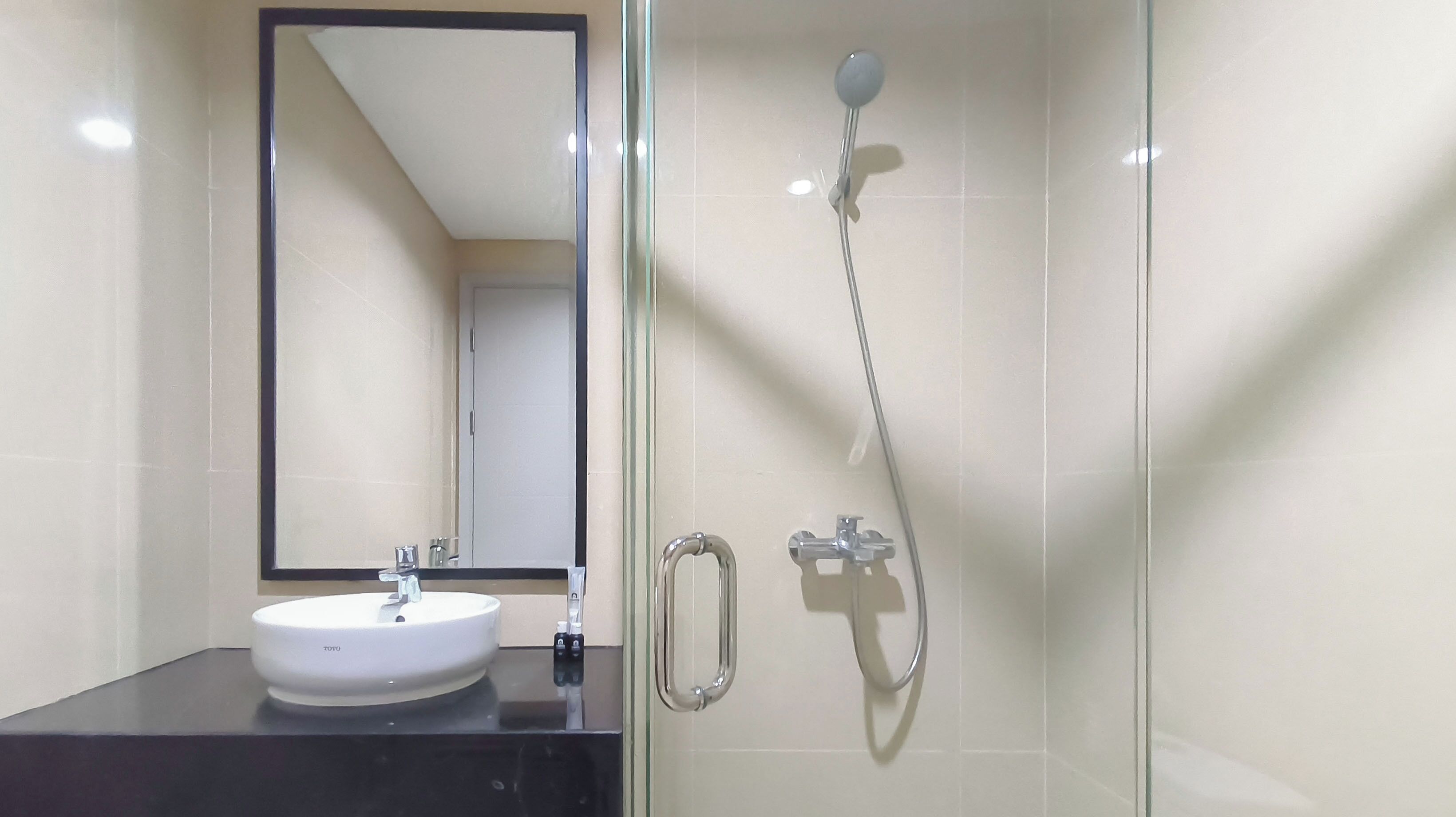 Un baño con ducha envuelta en vidrio, un lavabo blanco y un espejo.