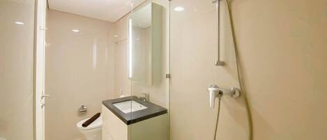 A modern bathroom with a glass shower enclosure, a toilet, and a sink with a mirror above it.