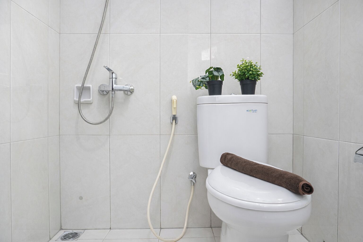 Un baño con inodoro, ducha y dos plantas en macetas detrás del inodoro.
