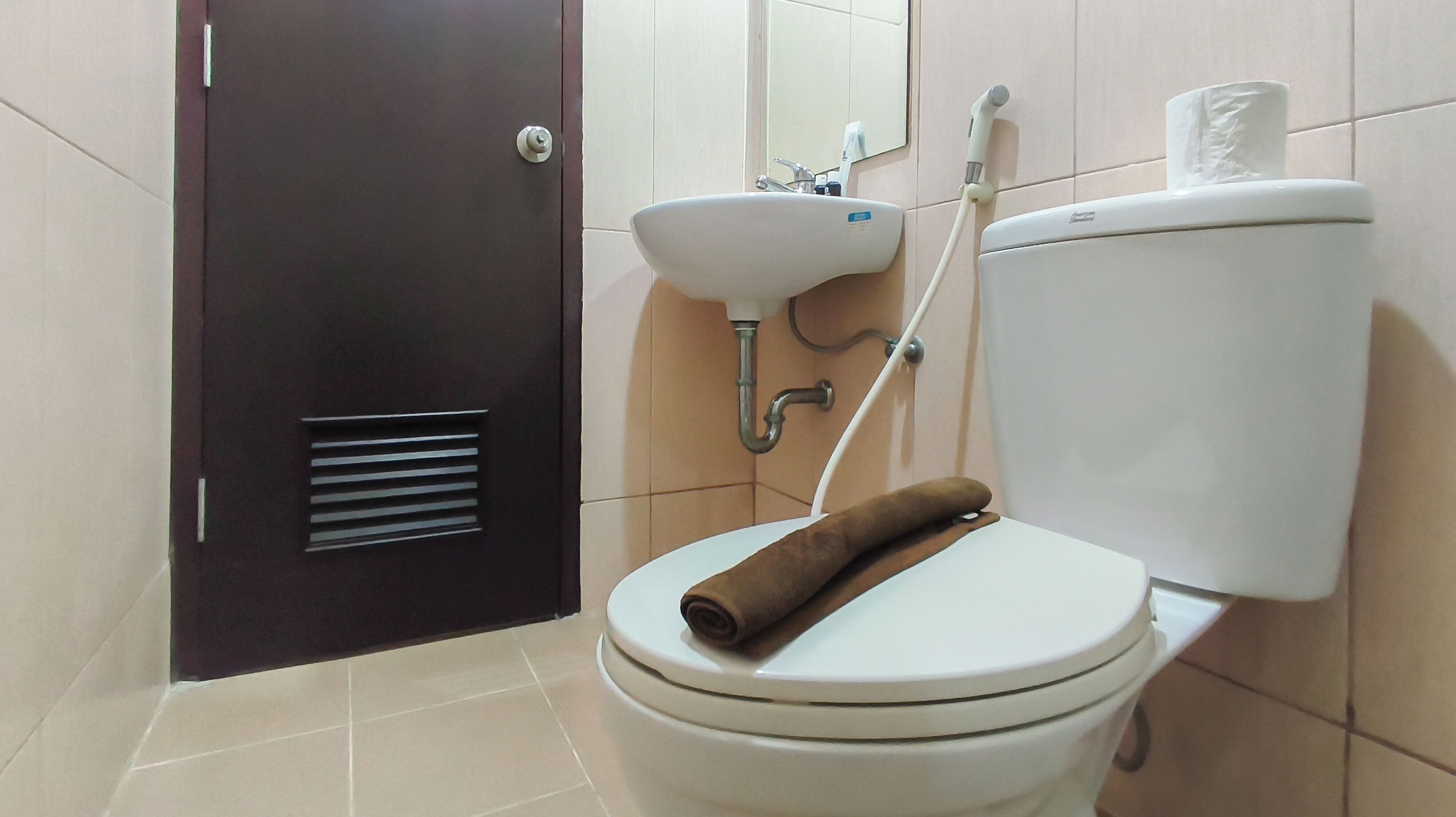 Un baño con inodoro, lavamanos y ducha.