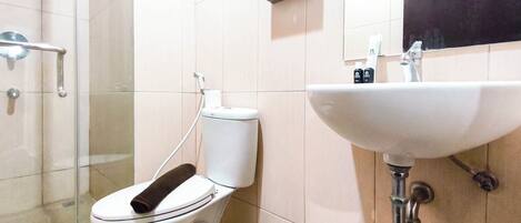 A bathroom with a toilet, a glass shower enclosure, and a sink with a mirror above it.