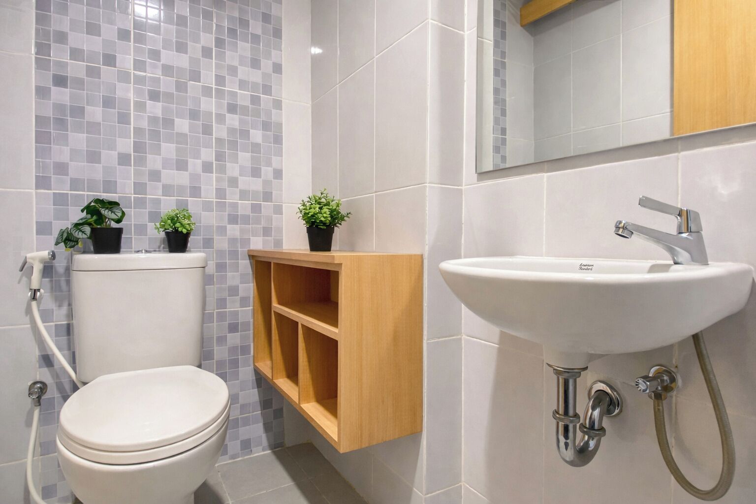 Un bagno con il water, uno scaffale di legno con piante, un lavandino e uno specchio.