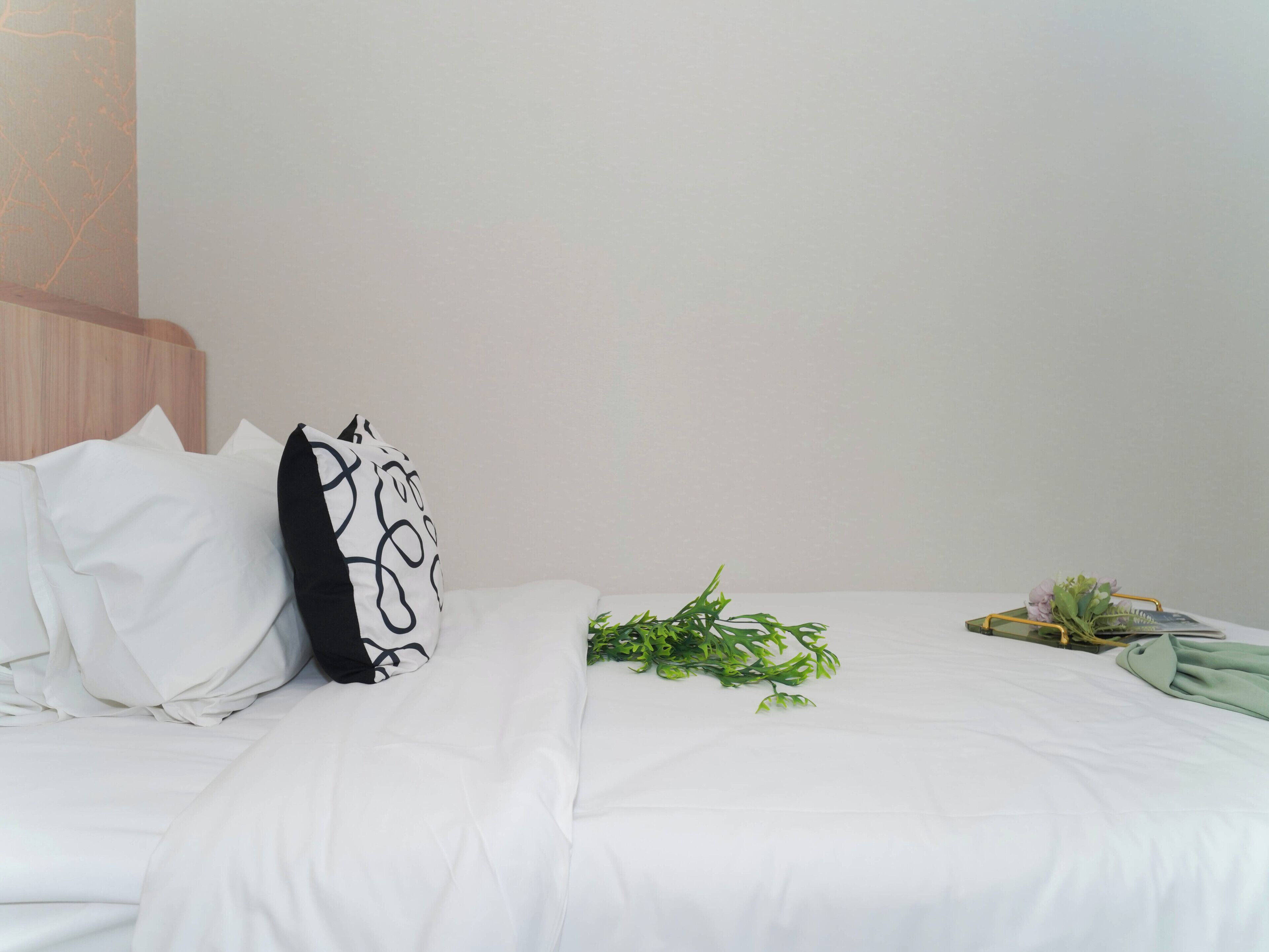 A neatly made bed with white linens, a black and white patterned pillow, and a small green plant on the side.