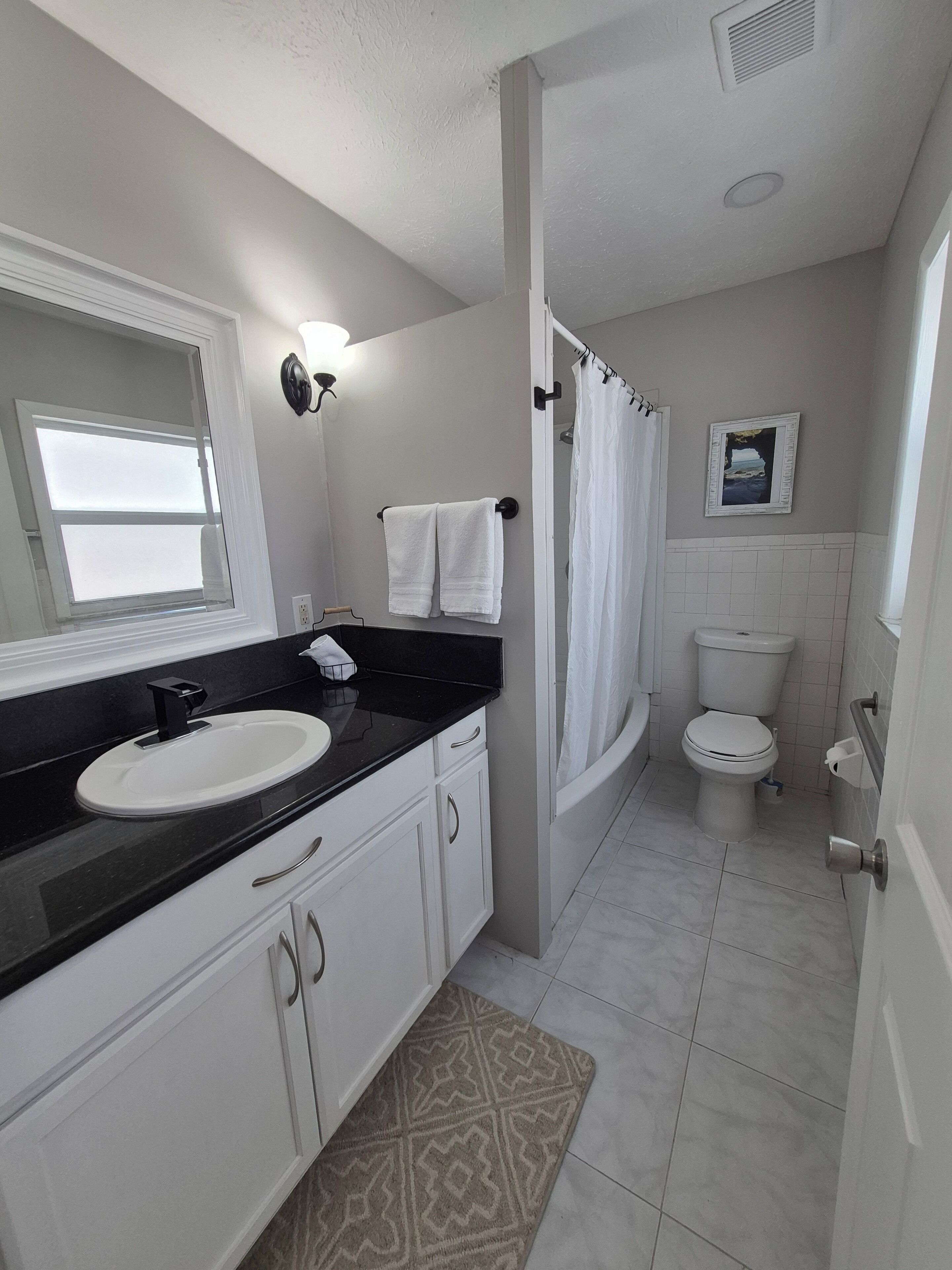 Hair dryer, towels, soap, toilet paper