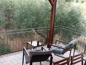 Un balcon donnant sur un paysage verdoyant, une chaise en bois, un canapé avec des coussins et une rambarde en métal.