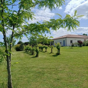 Une maison avec un toit recouvert de tuiles rouges, entourée d’une pelouse bien entretenue et de plusieurs vignes.
