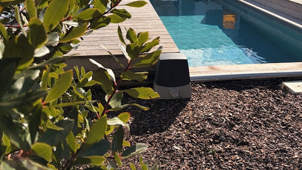 A swimming pool with a wooden deck, a house with green shutters, and a clear sky. - L'ARS DE VIVRE – Exceptional Home in Ars-en-Ré | Pool | Sleeps 10 (Ars-en-Ré)